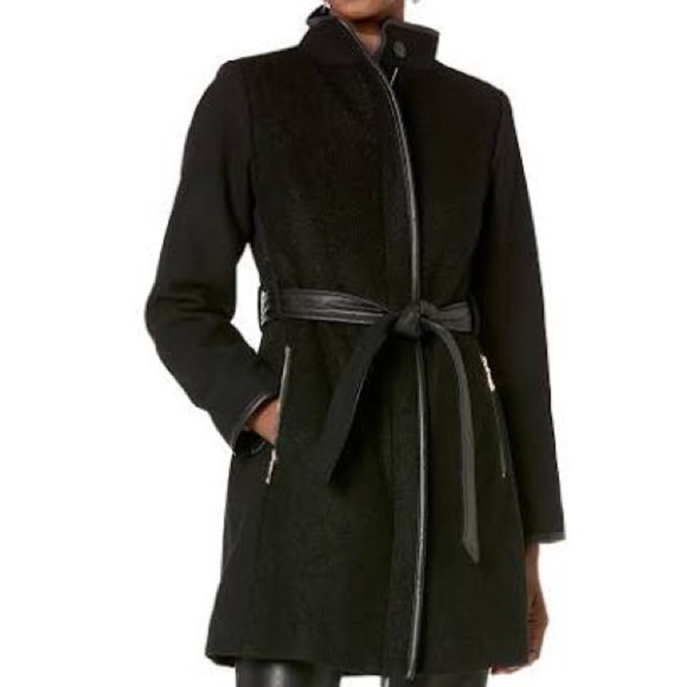 Vince Camuto Twill Cool Faux-Leather-Trim Coat Black Women’s Size Medium - Picture 2 of 7